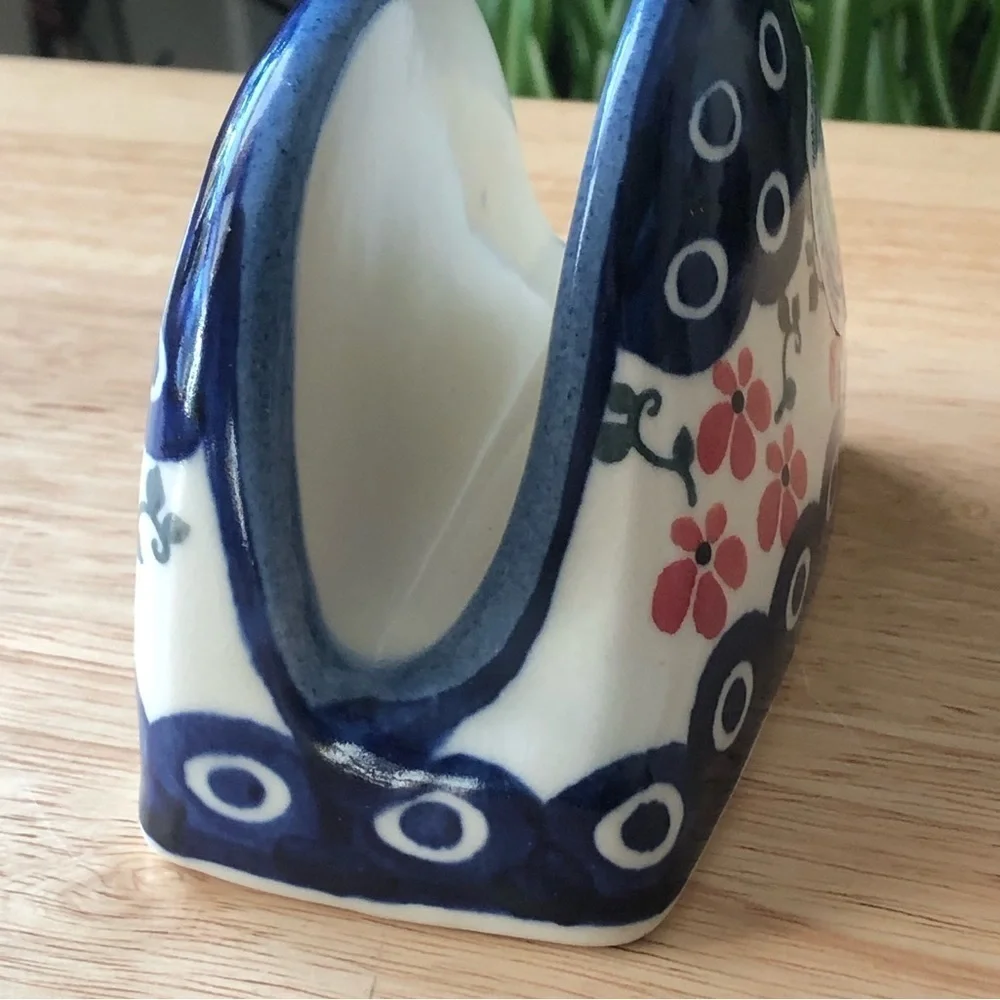 Wiza Polish Pottery Napkin Holder Boleslawiec Hand Painted Floral Peacock Eye